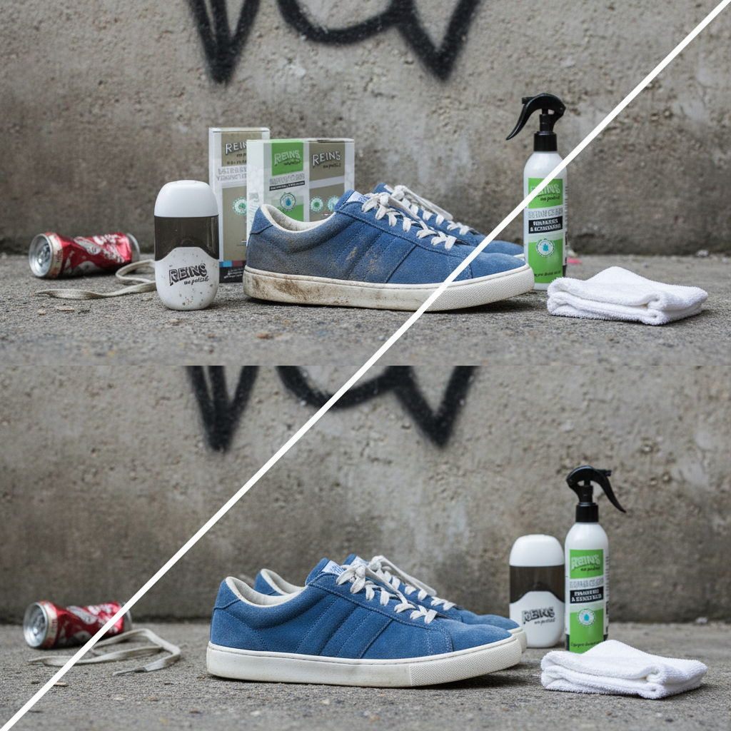 Before/after suède sneakers met REINS producten