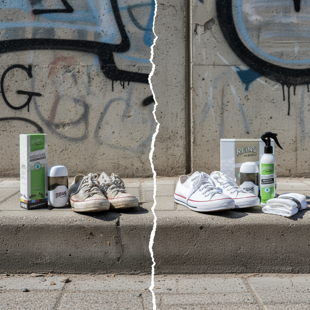 Before/after witte sneakers met REINS producten