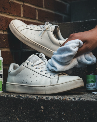 Houd je witte sneakers wit met een schoonmaakmiddel en een doek op de trap.