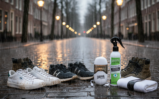 Schone sneakers met onderhoudsproducten in de regen op een straat met weerspiegelingen van lantaarns.