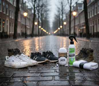 Schone sneakers met onderhoudsproducten in de regen op een straat met weerspiegelingen van lantaarns.