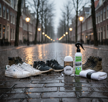 Schone sneakers met onderhoudsproducten in de regen op een straat met weerspiegelingen van lantaarns.