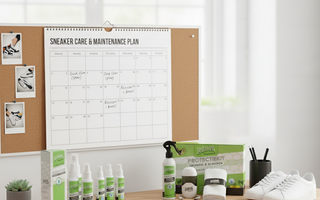 Sneakers schoonmaken producten op een bureau met een onderhoudsplan in de achtergrond.