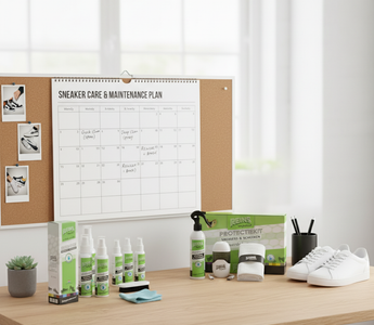 Sneakers schoonmaken producten op een bureau met een onderhoudsplan in de achtergrond.