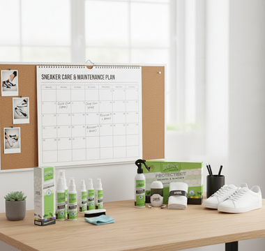 Sneakers schoonmaken producten op een bureau met een onderhoudsplan in de achtergrond.