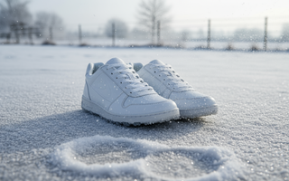 Witte sneakers in de sneeuw leggen de focus op hoe je bescherm je sneakers in de winter.