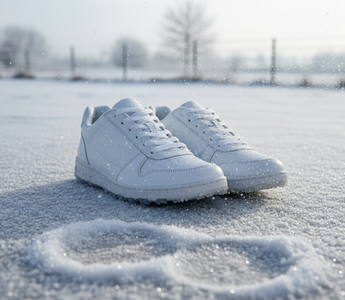 Witte sneakers in de sneeuw leggen de focus op hoe je bescherm je sneakers in de winter.