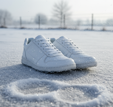 Witte sneakers in de sneeuw leggen de focus op hoe je bescherm je sneakers in de winter.
